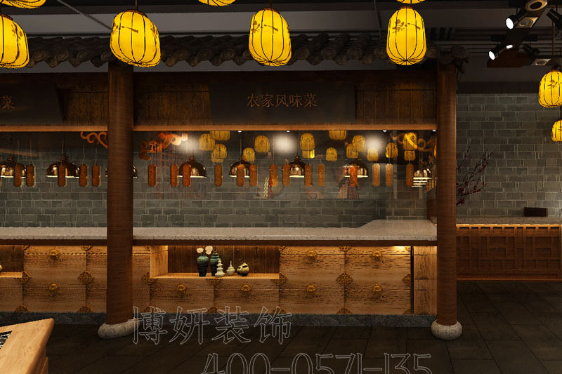 南京地js4399金沙色中式餐厅装修设计方案效果图